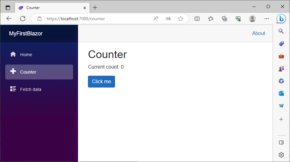 [Counter]リンクをクリックすると、数字とボタンを持つ単純なスクリーンを開きます。ボタンをクリックすると、カウンターが増加します。