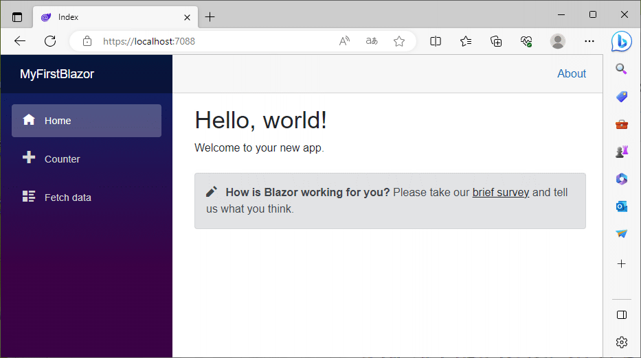 Blazorアプリケーションのホーム画面が表示されます。左上に、プロジェクト名が記載されています。