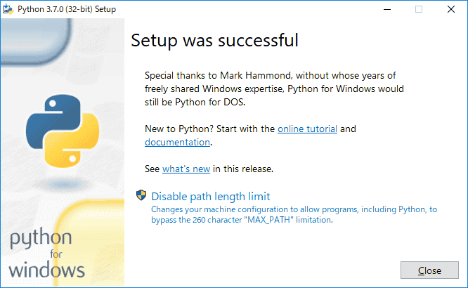 インストールが完了しました。「Close」をクリックして、インストーラーを閉じます。