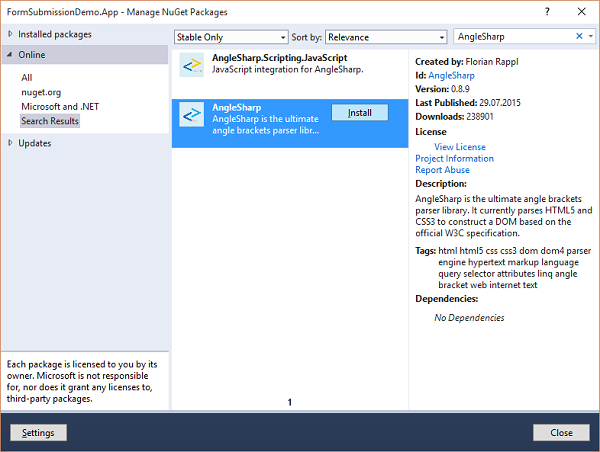 プロジェクトを右クリックし、 "Manage NuGet Packages ..."を選択します。続いて、オンラインでAngleSharpを検索し、インストールをクリックします。