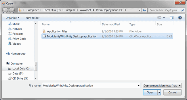 配布マニフェスト・ファイルModularityWithUnity.Desktop.applicationを選択します。