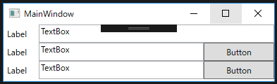 C＃のWPF向け、ラベルとテキストボックス、ボタンを持つウィンドウのxaml表記例です。