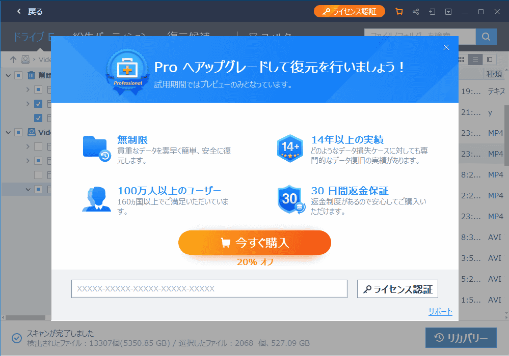 ライセンスを購入すれば、再度スキャンする必要なく、データを復元出来るようです。