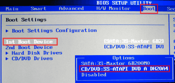 BIOS SETUP UTILITYで、Bootを選択し、1st Boot Device で、光学ドライブを選択します。