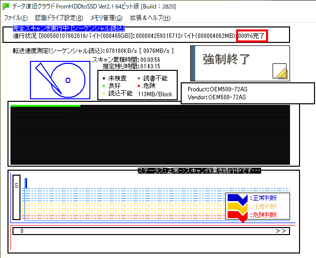 完全スキャンが始まります。要求されているのは、10%なので、10%以上になったら、「強制終了」して構いません。10%以上であれば評価が実行されます。