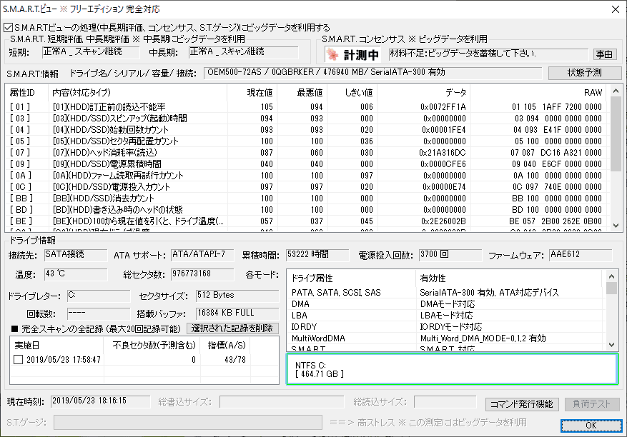 ビッグデータ内にデータが存在しなければ、計測中のままです。
