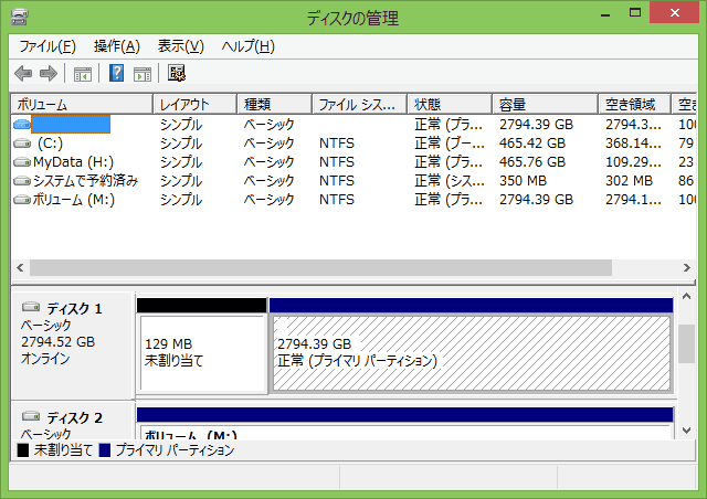 パーティションを復元したディスクを指定します。ドライブ文字がありません。
