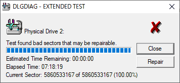 エクステンドテストが終了しました。エラーが見つかった場合は、Repairをクリックして修復します。