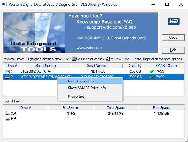 上の枠から、操作するHDDを選択して、右クリックし、「Run Diagnostics」を選択します。
