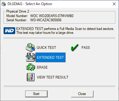 EXTENDED TESTを選択し、Startをクリックします。