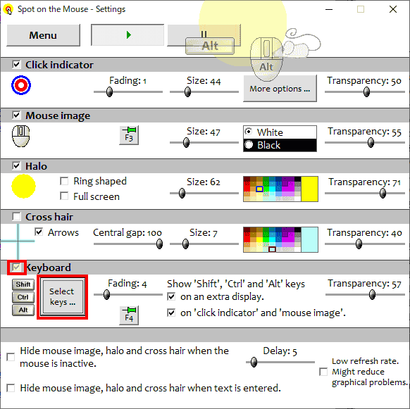 設定を行います。キー入力を有効にする場合は、Keyboardの項目をチェックし、Select keyボタンを押して、詳細な設定を行います。