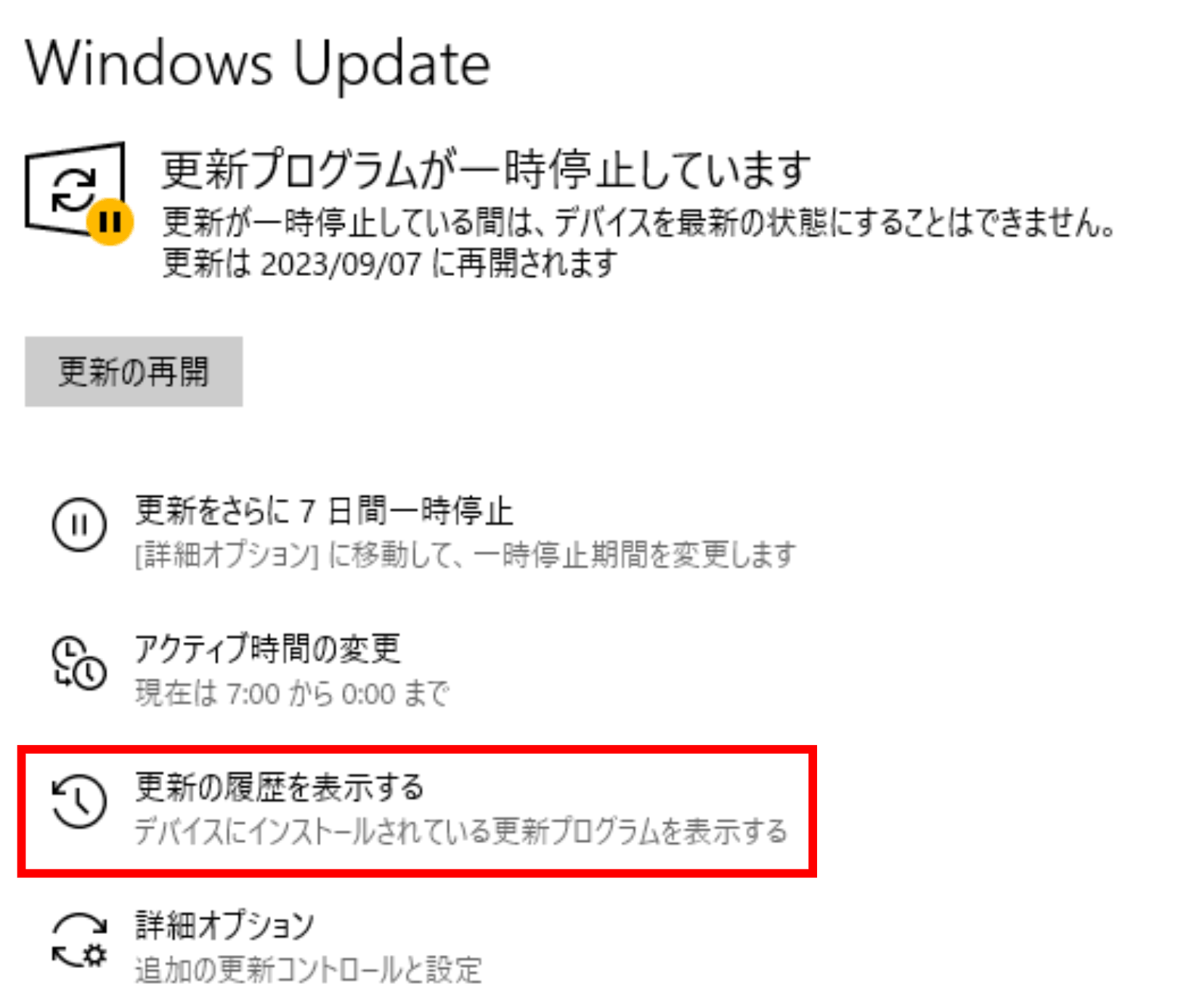 [更新の履歴を表示する]を選択します。